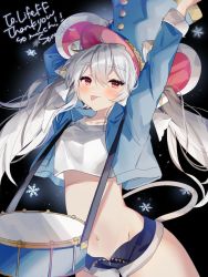 Rule 34 | 1girl, animal ears, arms up, blue hat, blue jacket, blue shorts, commission, cowboy shot, crop top, crop top overhang, cropped jacket, drum, dungeon and fighter, duplicate, grey hair, hat, instrument, jacket, lifeff, long hair, long sleeves, looking at viewer, micro shorts, midriff, mouse ears, mouse girl, mouse tail, navel, open clothes, open fly, open jacket, red eyes, revealing clothes, second-party source, shirt, short shorts, shorts, skeb commission, smile, solo, sorani (kaeru0768), stomach, tail, thighs, tongue, tongue out, twintails, white shirt