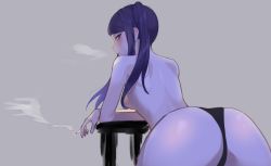 Rule 34 | 1girl, ass, back, bent over, black panties, blush, breasts, cigarette, jill stingray, long hair, looking at viewer, panties, purple eyes, purple hair, smoking, solo, stool, ten cws, topless, twintails, underwear, underwear only, va-11 hall-a