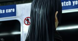 Rule 34 | 1girl, black hair, dated, from behind, highres, hololive, hololive english, indoors, long hair, no smoking, ouro kronii, signature, solo, steb, train interior, virtual youtuber