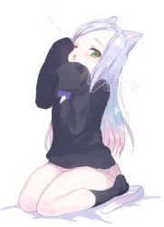 Rule 34 | 1girl, absurdres, animal ears, cat ears, cat tail, emily (pure dream), green eyes, highres, kneeling, long hair, looking at viewer, one eye closed, open mouth, original, paw pose, silver hair, sleeves past wrists, solo, tail, white background