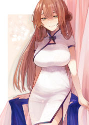 Rule 34 | 1girl, aaoshigatoutoi, absurdres, breasts, brown hair, china dress, chinese clothes, cowboy shot, dress, girls&#039; frontline, green eyes, grin, hair between eyes, highres, large breasts, long hair, looking at viewer, springfield (girls&#039; frontline), short sleeves, smile, solo, white dress
