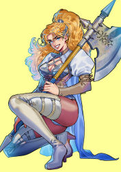 Rule 34 | 1girl, armor, axe, battle axe, blonde hair, blue eyes, boots, breasts, cape, cleavage, commission, ear piercing, earrings, grin, high heel boots, high heels, highres, holding, holding weapon, jewelry, juliet sleeves, long hair, long sleeves, looking at viewer, okada (hoooojicha), on one knee, original, pantyhose, parted bangs, piercing, ponytail, puffy sleeves, skeb commission, smile, solo, thigh boots, thighhighs, weapon, yellow background
