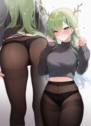 Rule 34 | 1girl, antlers, ass, black panties, black pantyhose, black sweater, blush, breasts, ceres fauna, closed mouth, commentary, cowboy shot, cropped sweater, flower, green hair, hair between eyes, hair flower, hair ornament, high-waist pantyhose, highres, holding, holding hair, hololive, hololive english, horns, koahri, lace, lace-trimmed panties, lace trim, leaf, legs together, long hair, long sleeves, looking at viewer, medium breasts, mole, mole under eye, multiple views, no pants, panties, panties under pantyhose, pantyhose, simple background, sleeves past wrists, solo, standing, sweater, thighband pantyhose, turtleneck, turtleneck sweater, underwear, very long hair, virtual youtuber, white background, white flower, yellow eyes
