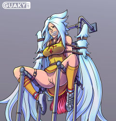 Rule 34 | absurdres, bdsm, bondage, bound, bound wings, cleft of venus, guaky, highres, kayle (league of legends), league of legends, no panties, pussy, simple background, spread legs, tagme