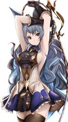 Rule 34 | &gt;:), 10s, 1girl, animal ears, armpits, arms up, belt, belt skirt, black gloves, black thighhighs, blue hair, breasts, brown eyes, closed mouth, cowboy shot, dress, erune, ferry (granblue fantasy), frilled gloves, frills, gloves, granblue fantasy, highres, long hair, medium breasts, sideboob, solo, thighhighs, tony guisado, v-shaped eyebrows, very long hair, wavy hair, whip