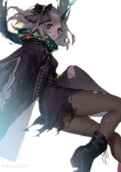 Rule 34 | 1girl, absurdres, black dress, boots, bow, dress, facial tattoo, green hair, hair bow, hair ornament, highres, jacket, little match girl (sinoalice), looking at viewer, ojo aa, pantyhose, parted lips, red eyes, scarf, short hair, simple background, sinoalice, solo, studded jacket, tattoo, teeth, torn clothes, twitter username, white background