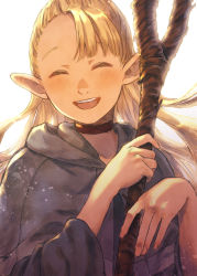 Rule 34 | 1girl, :d, ^ ^, blonde hair, blush, capelet, choker, closed eyes, dungeon meshi, elf, facing viewer, happy, highres, holding, holding staff, hood, hood down, hooded capelet, light particles, long hair, long sleeves, marcille donato, open mouth, pointy ears, shako (shaco flat), smile, solo, staff, white background