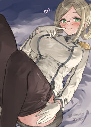 Rule 34 | 1girl, blush, breasts, brown hair, buttons, double-breasted, epaulettes, folded ponytail, glasses, gloves, green eyes, grey hair, highres, indoors, kantai collection, katori (kancolle), light brown hair, long hair, looking at viewer, lying, military, military uniform, mizuta kenji, necktie, pantyhose, pencil skirt, riding crop, rimless eyewear, skirt, smile, solo, sweat, twitter username, undressing, uniform, white gloves