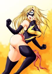 Rule 34 | 1girl, akutanoe, animification, bare shoulders, black thighhighs, blonde hair, blue eyes, boots, breasts, carol danvers, covered erect nipples, elbow gloves, gloves, highres, leotard, lipstick, long hair, makeup, marvel, mask, medium breasts, ms. marvel, ms marvel, open mouth, sash, solo, thigh boots, thighhighs, yellow background