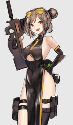 Rule 34 | 1girl, alternate costume, ammunition pouch, bare shoulders, black gloves, black thighhighs, breasts, brown hair, buckle, bullpup, china dress, chinese clothes, cleavage, cleavage cutout, clothing cutout, double bun, dress, elbow gloves, eyewear on head, gas mask, girls&#039; frontline, gloves, gun, hair bun, hayabusa, high collar, highres, horizontal magazine, large breasts, mask, medium hair, open mouth, p90, p90 (girls&#039; frontline), pelvic curtain, personal defense weapon, pouch, red eyes, sideboob, single thighhigh, slit pupils, smile, snap-fit buckle, solo, submachine gun, sunglasses on head, suppressor, thigh strap, thighhighs, thighs, underboob, underboob cutout, weapon