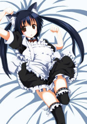 Rule 34 | animal ears, bad id, bad pixiv id, black hair, brown eyes, cat ears, k-on!, long hair, lying, maid, nakano azusa, paw pose, solo, thighhighs, twintails, usual