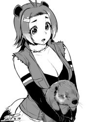 Rule 34 | 10s, 1girl, american beaver (kemono friends), animal, animal ears, beaver, breasts, cleavage, elbow gloves, gloves, greyscale, hair ornament, hairclip, happa (cloverppd), holding, holding animal, kemono friends, large breasts, monochrome, name connection, short hair, torn clothes, torn sleeves, white background
