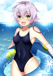 Rule 34 | 1girl, absurdres, akira kaite, bandaged arm, bandages, bare shoulders, blue one-piece swimsuit, blue sky, blush, breasts, cameltoe, collarbone, competition school swimsuit, covered navel, curvy, facial scar, fate/apocrypha, fate/grand order, fate (series), green eyes, hair between eyes, highleg, highleg swimsuit, highres, innertube, jack the ripper (fate/apocrypha), looking at viewer, medium breasts, ocean, one-piece swimsuit, open mouth, scar, scar across eye, scar on cheek, scar on face, school swimsuit, shiny skin, shoulder tattoo, sky, smile, sparkle, swim ring, swimsuit, tattoo, thighs, wading, white hair
