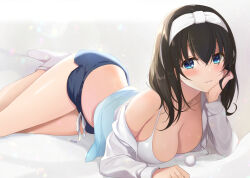 Rule 34 | 1girl, azuki yui, bare legs, bare shoulders, black hair, blue eyes, blue shorts, bra, breasts, cleavage, commentary request, hairband, idolmaster, idolmaster cinderella girls, jacket, large breasts, long hair, long sleeves, looking at viewer, lying, midriff, no shoes, off shoulder, open clothes, open jacket, sagisawa fumika, short shorts, shorts, smile, socks, solo, thighs, underwear, white bra, white jacket, white socks