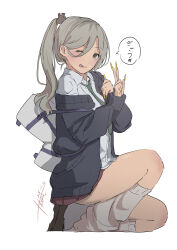 1girl 2525_tbone absurdres bag black_cardigan brown_eyes cardigan closed_mouth collared_shirt commentary_request dress_shirt fake_nails girls_band_cry green_necktie grey_leg_warmers gyaru hair_between_eyes hand_up highres kneeling leg_warmers long_hair long_hair_between_eyes long_sleeves looking_at_viewer necktie one_eye_closed open_cardigan open_clothes partial_commentary pleated_skirt ponytail red_skirt rupa_(girls_band_cry) school_bag school_uniform shirt signature simple_background skirt solo tongue tongue_out translated w white_background white_bag white_shirt