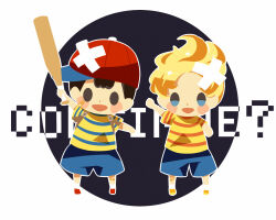 Rule 34 | 2boys, ?, arm up, backpack, bag, bandaid, bandaid on face, bandaid on knee, bandaid on leg, baseball bat, baseball cap, black hair, blonde hair, blue shorts, blush stickers, continue, crossed bandaids, full body, hat, hitofutarai, holding, holding baseball bat, lucas (mother 3), male focus, mother (game), mother 2, mother 3, multiple boys, ness (mother 2), nintendo, open mouth, orange footwear, outline, red footwear, red headwear, shirt, short hair, short sleeves, shorts, solid oval eyes, striped clothes, striped shirt, white outline