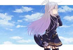 Rule 34 | 1girl, 86 -eightysix-, belt, black thighhighs, blue dress, blue eyes, blue sky, closed mouth, cloud, cloudy sky, commentary, cowboy shot, day, dress, from side, garter straps, gloves, grey hair, hand in own hair, highres, kamille (vcx68), light frown, long hair, long sleeves, looking to the side, military uniform, outdoors, outside border, revision, short dress, sky, solo, standing, thighhighs, uniform, vladilena millize, white belt, white gloves, wind
