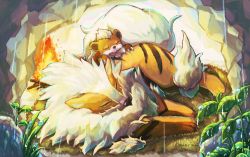 Rule 34 | arcanine, campfire, cave, claws, commentary request, creatures (company), evolutionary line, closed eyes, fang, fire, fuwarick, game freak, gen 1 pokemon, growlithe, leaf, nintendo, no humans, pokemon, pokemon (creature), rain, sleeping, tongue, tongue out, water drop