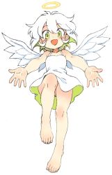 Rule 34 | 1girl, :d, angel, bare shoulders, barefoot, dress, feet, full body, green eyes, halo, no panties, open mouth, outstretched arms, oyatsu (mk2), short hair, simple background, smile, solo, toes, white background, white hair, wings