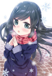 Rule 34 | 1girl, :o, asashio (kancolle), black eyes, black hair, blush, breath, coat, commentary request, from above, fur-trimmed coat, fur-trimmed sleeves, fur trim, k hiro, kantai collection, long hair, looking at viewer, open mouth, scarf, snowflakes