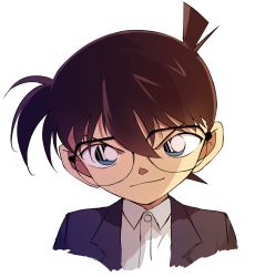 Rule 34 | 1boy, black-framed eyewear, blue eyes, blue jacket, brown hair, caidychen, child, closed mouth, collared shirt, commentary request, cropped torso, edogawa conan, hair between eyes, jacket, looking at viewer, male focus, meitantei conan, official style, over-rim eyewear, semi-rimless eyewear, shirt, simple background, smug, solo, upper body, white background, white shirt, wing collar