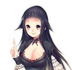 Rule 34 | 1girl, bad id, bad pixiv id, black hair, breasts, cleavage, lace, large breasts, long hair, mirunai, original, red eyes, simple background, smile, solo, white background