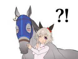 Rule 34 | !?, 1girl, anchor ornament, blush, blush stickers, bow, casual, commentary, curren chan (umamusume), ear bow, ear covers, ear ornament, fukuro (maruaru00), highres, hood, horse, kurofune (racehorse), light brown hair, long sleeves, one eye closed, pink shirt, purple eyes, real life, red bow, shirt, short hair, simple background, tongue, tongue out, umamusume, white background