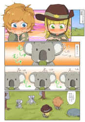Rule 34 | 2girls, aged down, belt, black headwear, blonde hair, blue eyes, blunt bangs, brown shirt, brown shorts, chibi, closed mouth, comic, commentary, commentary request, cowboy hat, day, english commentary, frown, girls und panzer, grass, green eyes, hands on own knees, hat, head rest, highres, jinguu (4839ms), kamonohashi (girls und panzer), koala, long sleeves, medium hair, messy hair, mixed-language commentary, multiple girls, orange hair, outdoors, outside border, rock, sam browne belt, shirt, shorts, squatting, translation request, tree, wallaby (girls und panzer)