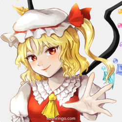 Rule 34 | 1girl, ascot, blonde hair, blouse, blush, close-up, closed mouth, collared shirt, commentary request, crystal, flandre scarlet, frilled shirt collar, frilled sleeves, frills, happy, hat, hat ribbon, hoshiringo0902, medium hair, mob cap, one side up, outstretched arm, puffy short sleeves, puffy sleeves, red eyes, red ribbon, red vest, ribbon, shirt, short sleeves, side ponytail, simple background, smile, touhou, vest, white background, white hat, white shirt, wings, yellow ascot