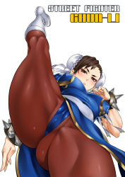 Rule 34 | 1girl, bracelet, breasts, brown hair, capcom, chignon, chun-li, covered erect nipples, flexible, highres, jewelry, large breasts, leg lift, leg up, looking at viewer, looking down, pantyhose, pelvic curtain, simple background, solo, spiked bracelet, spikes, split, standing, standing on one leg, street fighter, thighs, white background, zonda (solid air)