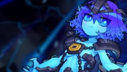 Rule 34 | 1girl, armor, blue eyes, blue hair, blue sclera, blue skin, blurry, blurry background, breasts, chain, closed mouth, colored sclera, colored skin, copyright request, depth of field, floating armor, highres, nude, outstretched arms, pauldrons, shoulder armor, small breasts, solo, sparrowl, spread arms, xerath