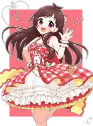 Rule 34 | 1girl, antenna hair, bare shoulders, belly chain, blush, breasts, brown hair, character name, character signature, cleavage, dress, earrings, flower, frilled dress, frills, funxy k, grid background, hand on own hip, hand up, heart, heart earrings, heart necklace, highres, idolmaster, idolmaster cinderella girls, idolmaster cinderella girls starlight stage, jewelry, long hair, looking at viewer, medium breasts, necklace, open mouth, outside border, plaid, plaid dress, plaid ribbon, red background, red dress, red eyes, ribbon, scrunchie, signature, sleeveless, sleeveless dress, smile, solo, standing, standing on one leg, thigh strap, tsujino akari