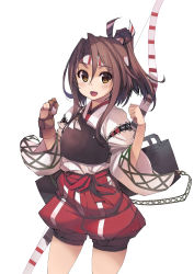 Rule 34 | 1girl, blush, bow (weapon), brown eyes, brown gloves, brown hair, clenched hands, flat chest, gloves, hachimaki, hair between eyes, hair ribbon, headband, high ponytail, highres, japanese clothes, kantai collection, long hair, mil (xration), muneate, open mouth, partially fingerless gloves, puffy shorts, red shorts, ribbon, shorts, single glove, smile, solo, standing, weapon, white background, wide sleeves, zuihou (kancolle)