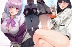 Rule 34 | 10s, 2girls, artist request, backlighting, black hair, black skirt, blush, breasts, button gap, clothes lift, commentary, crossed legs, english commentary, english text, from below, grey legwear, gridman universe, gusset, hands in pockets, hews, highres, large breasts, lifting own clothes, light purple hair, long hair, looking at viewer, multiple girls, neck ribbon, open mouth, panties, panties under pantyhose, pantyhose, pleated skirt, purple eyes, purple neckwear, red eyes, ribbon, shinjou akane, short hair, signature, skirt, skirt lift, ssss.gridman, takarada rikka, thick thighs, thighs, underwear, upskirt, v arms, white panties