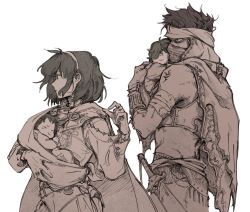 Rule 34 | 1girl, 3boys, armor, baby, bandaged arm, bandages, brothers, cape, cloak, covered mouth, cowboy shot, father and son, fire emblem, fire emblem: the binding blade, fire emblem: the blazing blade, greyscale, jaffar (fire emblem), knife, lugh (fire emblem), monochrome, mother and son, multiple boys, nino (fire emblem), nintendo, olee, raigh (fire emblem), sheath, sheathed, siblings, simple background, twins, weapon, white background