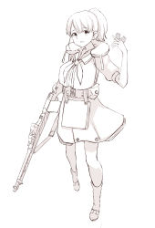 Rule 34 | 1girl, absurdres, belt, bolt action, boots, breasts, bullet, full body, gun, highres, intrepid (kancolle), kantai collection, looking at viewer, m1903 springfield, monochrome, neck pillow, neckerchief, neve (morris-minicooper), open mouth, ponytail, rifle, short hair, short sleeves, skirt, solo, standing, weapon, white background