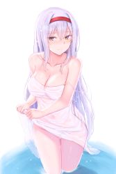Rule 34 | 1girl, alternate costume, bare shoulders, blush, breasts, brown eyes, cai geng, cleavage, collarbone, dress, hairband, highres, kantai collection, long hair, looking away, medium breasts, no panties, off shoulder, see-through, shoukaku (kancolle), solo, wading, wet, wet clothes, wet dress, white background, white dress, white hair
