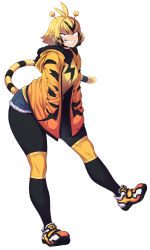 Rule 34 | 1girl, absurdres, antennae, black hair, blonde hair, breasts, creatures (company), electabuzz, evil grin, evil smile, full body, fur-trimmed jacket, fur trim, game freak, gen 1 pokemon, grin, highres, jacket, leaning forward, pantyhose under shorts, medium breasts, micro shorts, multicolored hair, nintendo, orange jacket, pantyhose, personification, pokemon, sharp teeth, shoes, shorts, smile, sneakers, solo, spacezin, streaked hair, striped tail, tail, teeth, two-tone hair