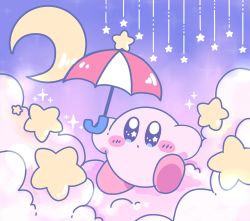 Rule 34 | above clouds, blue eyes, blush, blush stickers, closed mouth, cloud, crescent moon, full body, highres, holding, holding umbrella, kirby, kirby (series), leg up, miwa (ahyuck), moon, night, nintendo, no humans, on cloud, outdoors, parasol kirby, pastel colors, purple sky, sky, solid oval eyes, solo, sparkle, standing, standing on one leg, star (symbol), star in eye, symbol in eye, umbrella