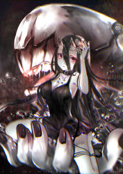 Rule 34 | 1girl, abyssal ship, air bubble, bare legs, bare shoulders, battleship princess, belt collar, black dress, black hair, black nails, breasts, bubble, cleavage, collar, colored skin, commentary request, dress, fingernails, flower, hair between eyes, hair ornament, hand up, highres, horns, kantai collection, large breasts, long hair, looking at viewer, mirutu, nail polish, red eyes, short dress, sleeveless, sleeveless dress, solo, underwater, white flower, white skin