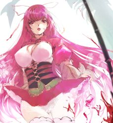 Rule 34 | agulo, blood, blood on face, blurry, breasts, cleavage, clothes lift, corset, depth of field, dress, dress lift, from below, hair ribbon, highres, keikoku (rance), large breasts, long hair, looking at viewer, pink dress, pink eyes, pink hair, rance (series), ribbon, see-through, sengoku rance, thighhighs, thighs, very long hair, white background, white thighhighs