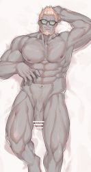 Rule 34 | 1boy, abs, warrior of light (ff14), bar censor, bara, beard, censored, completely nude, dakimakura (medium), facial hair, feet out of frame, final fantasy, final fantasy xiv, flaccid, from above, glasses, highres, large pectorals, light brown hair, looking at viewer, lying, male focus, mature male, muscular, muscular male, navel, navel hair, nipples, nude, on back, pectorals, penis, roegadyn, short hair, smile, solo, stomach, thick thighs, thighs, uori, veins, veiny penis
