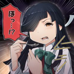 Rule 34 | 1girl, black hair, blue neckwear, brown eyes, commentary request, dress, eating, food, food in mouth, hair over one eye, hayashimo (kancolle), highres, holding, holding spoon, kantai collection, long hair, mizoki kei, open mouth, purple dress, shirt, solo, speech bubble, spoon, tears, translation request, trembling, upper body, white shirt