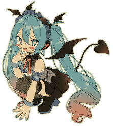 Rule 34 | 1girl, aqua eyes, aqua hair, aqua nails, armband, bare shoulders, black footwear, black skirt, black tail, black wings, blush, bow, bowtie, collared shirt, commentary, demon tail, demon wings, fang, fishnet thighhighs, fishnets, frilled armband, frilled hairband, frills, full body, grey shirt, hair between eyes, hairband, hatsune miku, headphones, heart, heart-shaped pupils, highres, long hair, looking at viewer, multicolored hair, open mouth, paya (alunair), pink bow, pink bowtie, shirt, skirt, sleeveless, sleeveless shirt, solo, squatting, symbol-shaped pupils, tail, thighhighs, twintails, two-tone hair, v, very long hair, vocaloid, white background, wings, wrist cuffs, zettai ryouiki