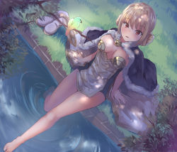 Rule 34 | 1girl, armor, arms at sides, bare legs, barefoot, bird, black cape, blonde hair, blue dress, blush, boobplate, branch, breastplate, breasts, brooch, cape, commentary request, double bun, dress, eyes visible through hair, from above, full body, fur-trimmed cape, fur trim, gold trim, grass, hair between eyes, hair bun, hands on ground, high wizard (ragnarok online), highres, jewelry, kathryne keyron, leaf, looking at animal, medium breasts, parted lips, ragnarok online, rainbow order, red eyes, sail (sail-away), shoes, unworn shoes, short hair, sitting, sleeveless, sleeveless dress, soaking feet, solo, tabard, two-tone dress, water, white footwear