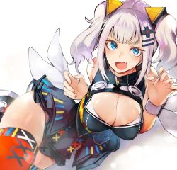 Rule 34 | 1girl, blue eyes, breasts, claw pose, cleavage, cleavage cutout, clothing cutout, dress, fang, hair ornament, highres, kaguya luna, large breasts, lying, nishiide kengorou, on side, open mouth, silver hair, sleeveless, solo, the moon studio, thighhighs, twintails, virtual youtuber