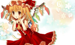 Rule 34 | 1girl, :o, ascot, blonde hair, embodiment of scarlet devil, face, fang, female focus, flandre scarlet, flower, frills, gradient hair, hat, hat ribbon, highres, multicolored hair, okemai, red eyes, ribbon, side ponytail, solo, touhou, wings