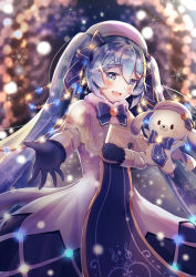 Rule 34 | 1girl, :d, blue eyes, blue hair, blue ribbon, blurry, blurry background, book, coat, depth of field, gloves, hair between eyes, hatsune miku, holding, holding book, long hair, long sleeves, open mouth, outstretched hand, rabbit, ribbon, smile, snowflakes, solo, treble clef, twintails, very long hair, vocaloid, winter clothes, winter coat, yashirupe, yuki miku, yuki miku (2021)