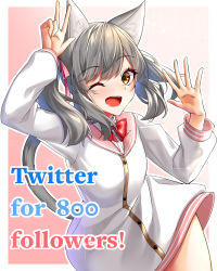 Rule 34 | 1girl, ;d, absurdres, animal ears, arm up, blush, bow, breasts, brown eyes, cat ears, cat girl, cat tail, collared shirt, dress, dress shirt, milestone celebration, grey hair, hair ribbon, highres, looking at viewer, one eye closed, open mouth, original, outline, pink ribbon, pink sailor collar, red bow, ribbon, rukinya (nyanko mogumogu), sailor collar, sailor dress, shirt, sidelocks, small breasts, smile, solo, tail, tail raised, twintails, w, white dress, white outline, white shirt