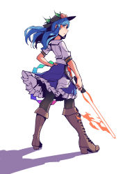 Rule 34 | 1girl, absurdres, black pantyhose, blue eyes, blue hair, boots, cross-laced footwear, fire, flaming sword, flaming weapon, frilled skirt, frills, full body, hand on own hip, hat, high heel boots, high heels, highres, hinanawi tenshi, holding, holding sword, holding weapon, knee boots, leather, leather boots, long hair, looking back, pantyhose, shadow, shirt, simple background, skirt, solo, stank, sword, sword of hisou, touhou, weapon, white background, white shirt, wind
